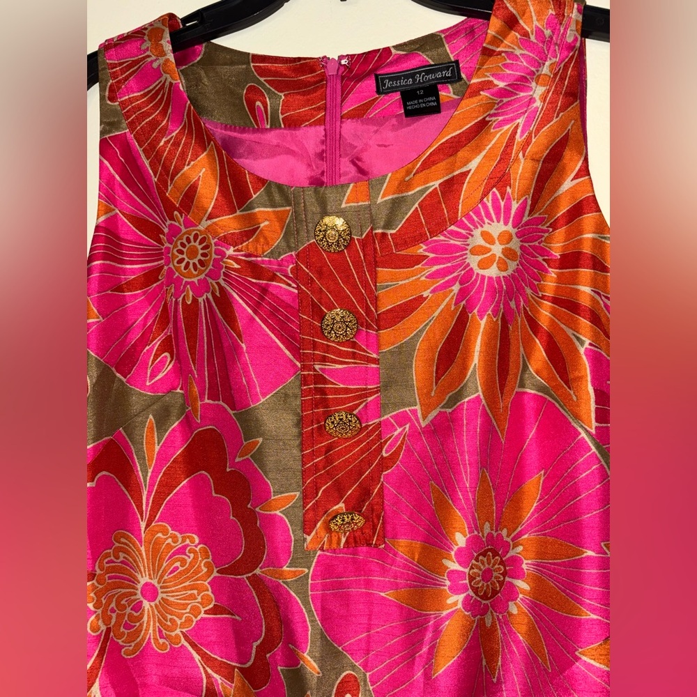 Jessica Howard Fuchsia and Tangerine Floral Dress Round Neck Sleeveless - Picture 2 of 10